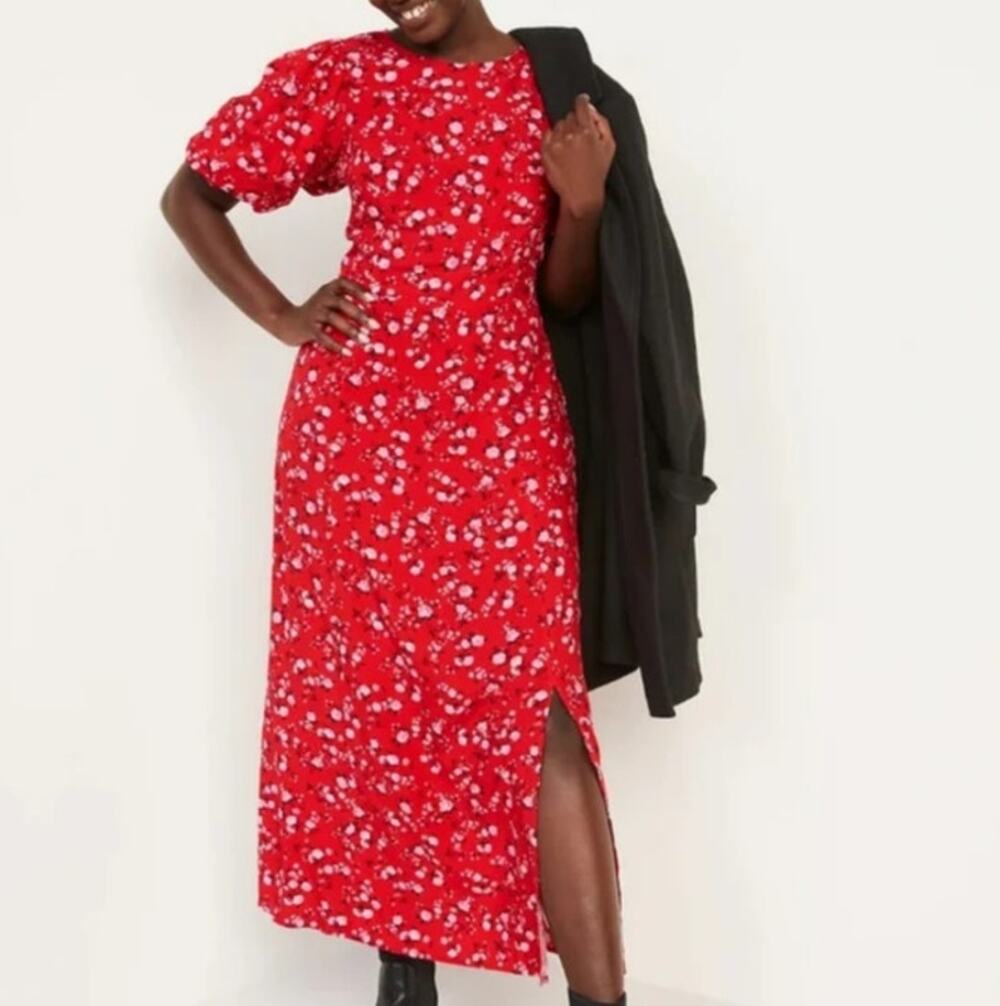 Old Navy Red Floral Puff Sleeve Maxi Dress Cottagecore Prairie Style Sz M‎